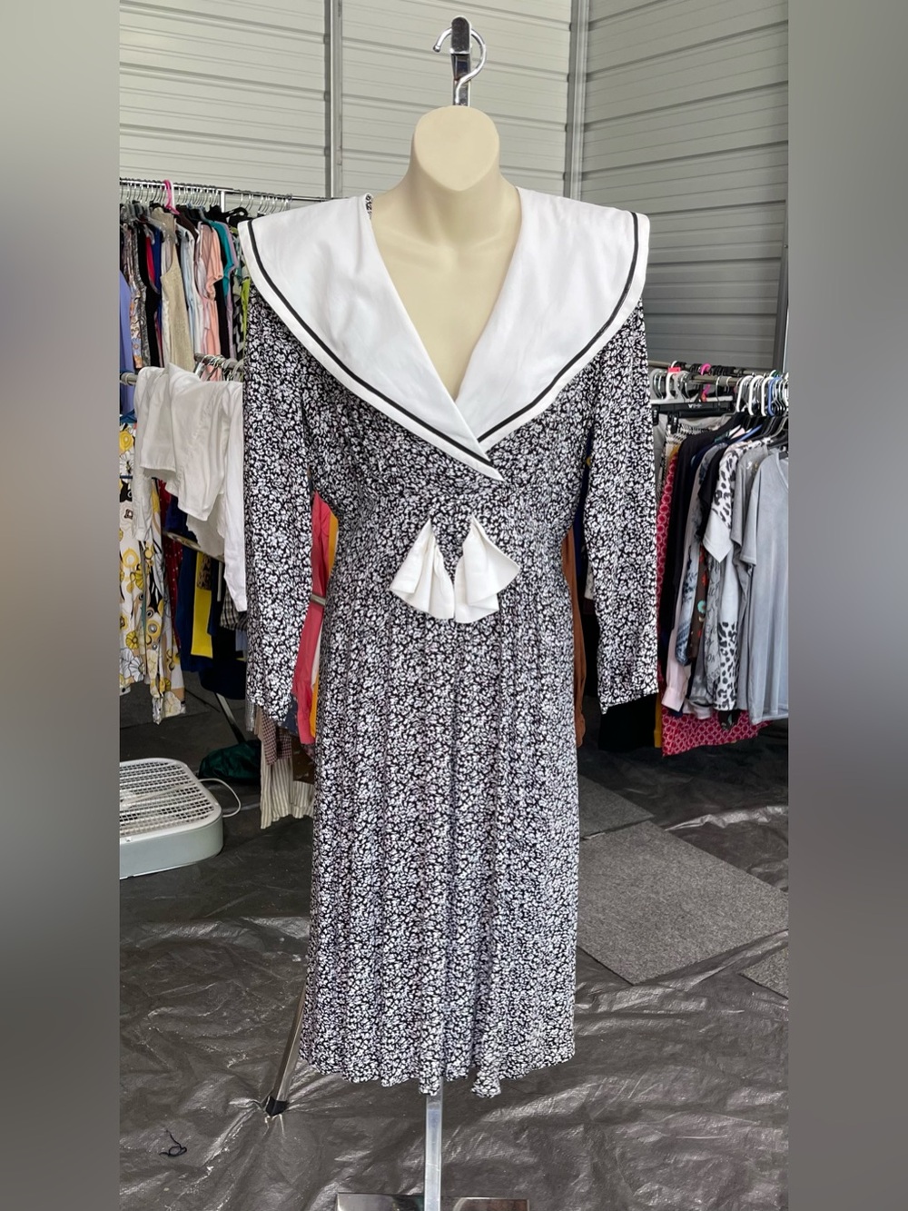 Vintage Black & White Floral Midi Dress with Sailor Collar